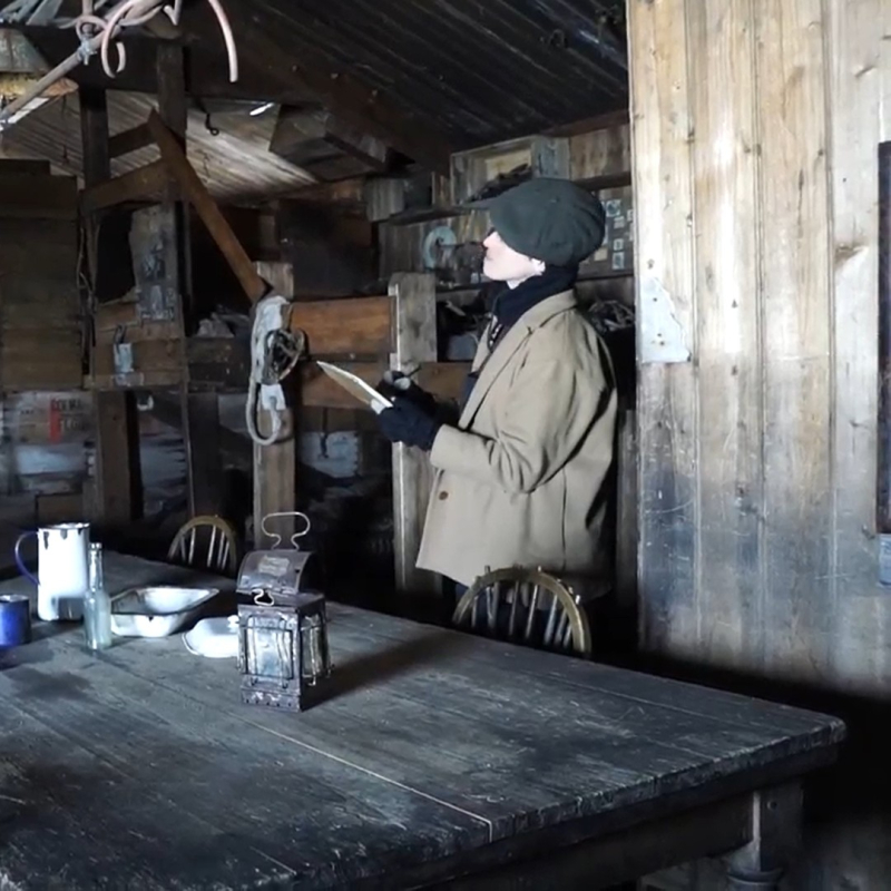Sarah Airriess inside the historic hut at Cape Evans, Antarctica