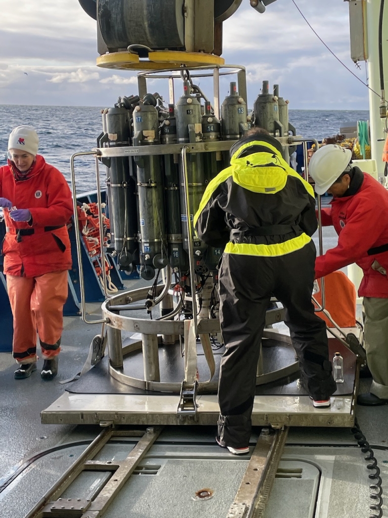 The team using the conductivity, temperature and depth tool on board the ship