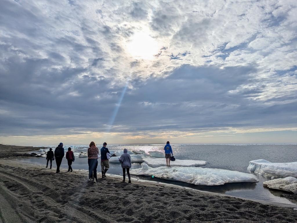 A group of people stands at the edge of the water looking at the ocean