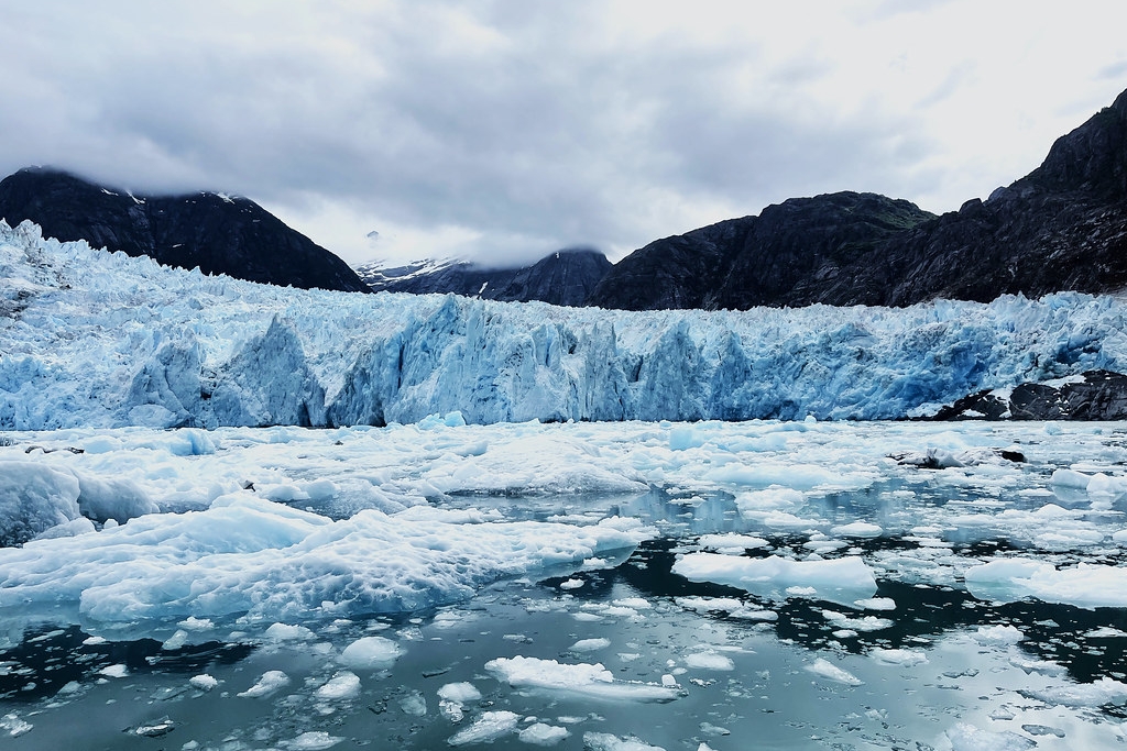 Chunks of water float in ice with mountains in the background