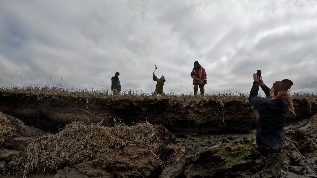 Three people chop wood while another photographs them