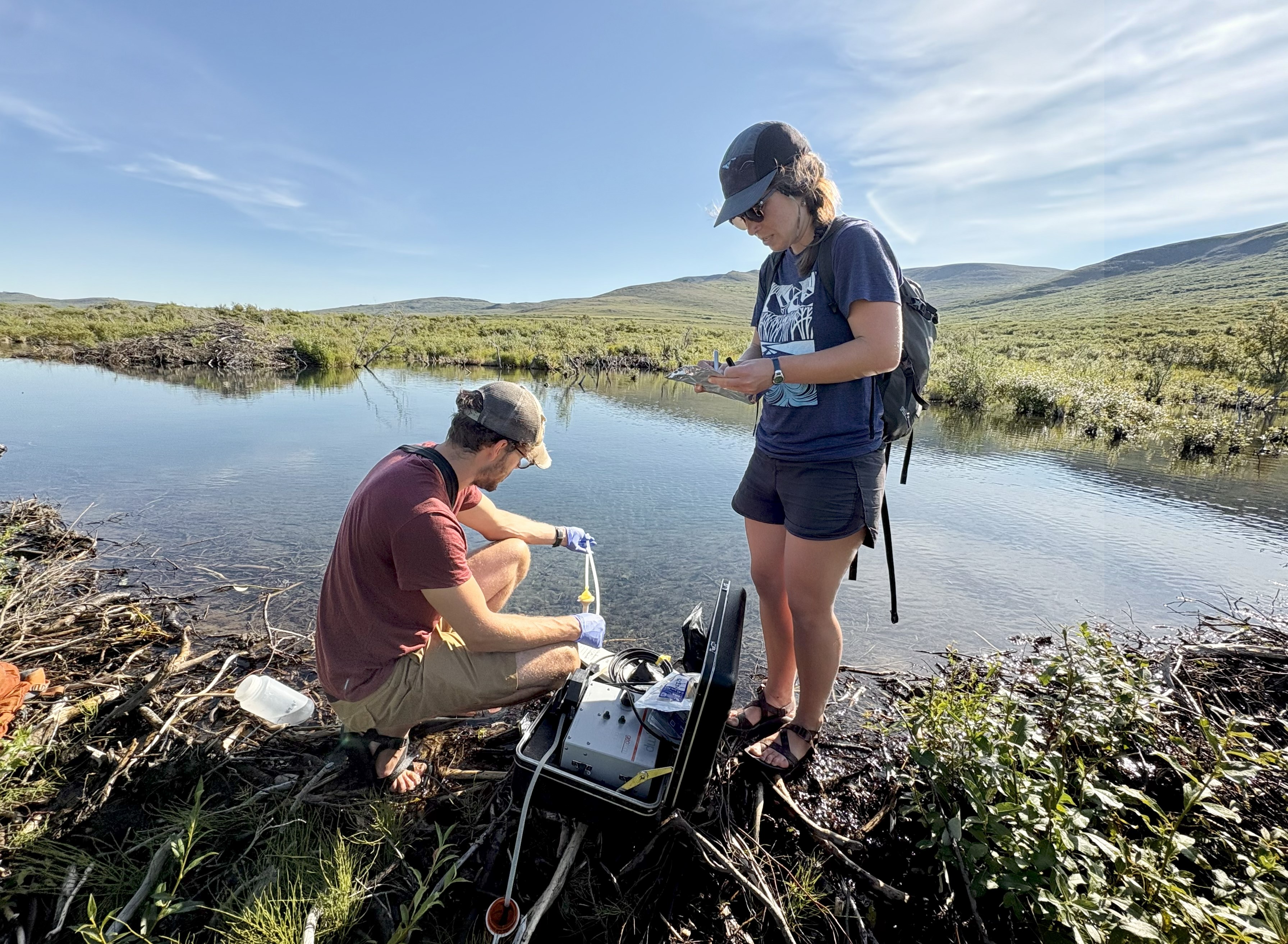 Two people looking at equipment next to a pond. A beaver lodge can be seen in the background.