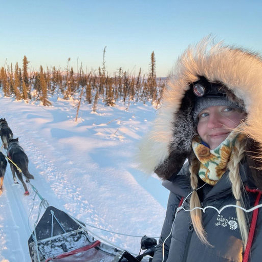 Abbey sitting in a sled being pulled by sled dogs