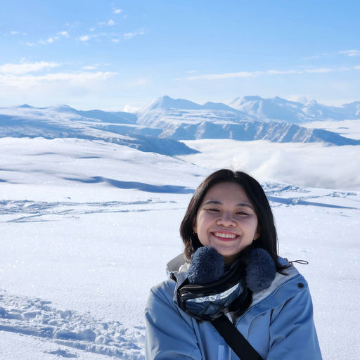 Kiera smiling in front of a background of mountains and snow