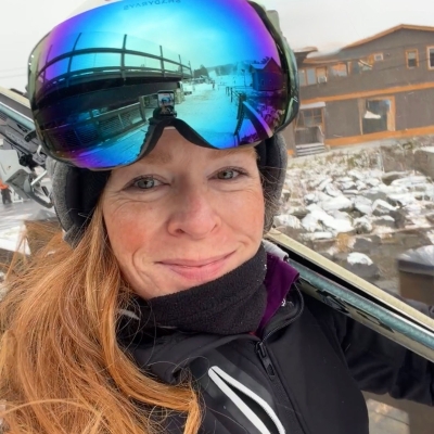 Nancy wearing ski goggles