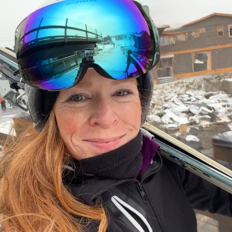 Nancy wearing ski goggles