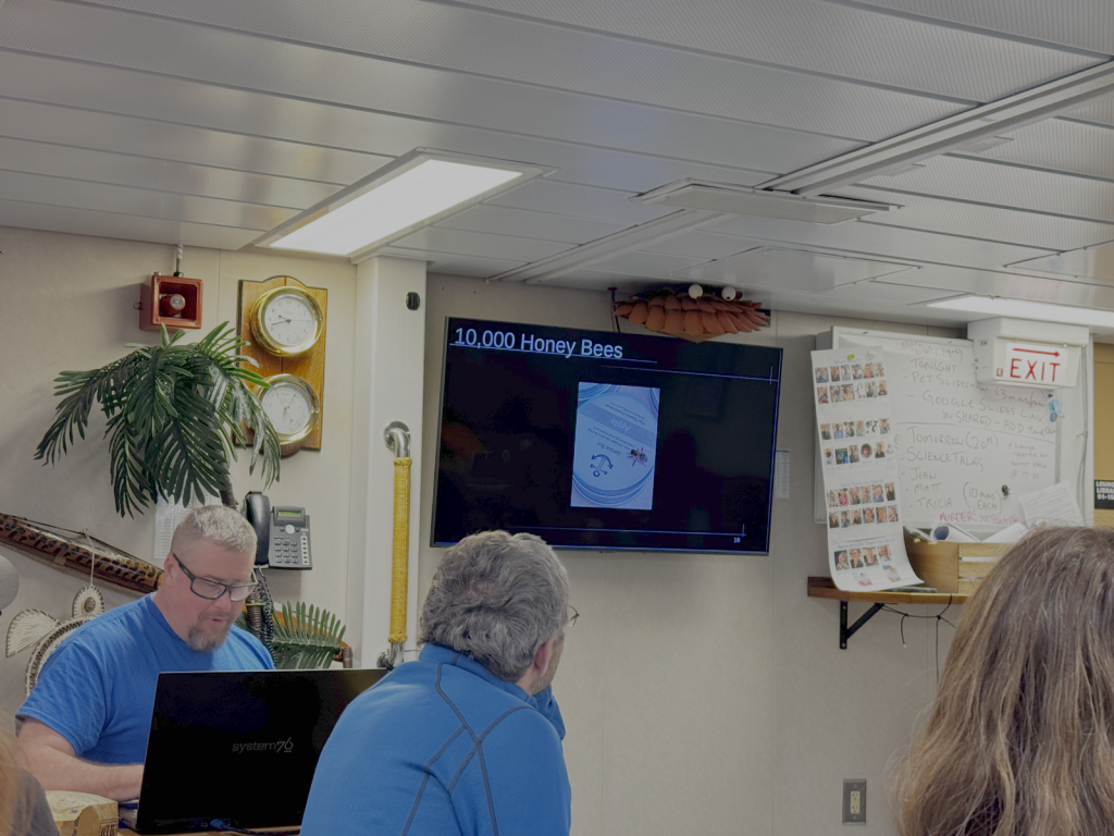 A person sits at a laptop, behind him a TV screen displays a slide that says "10,000 honey bees"