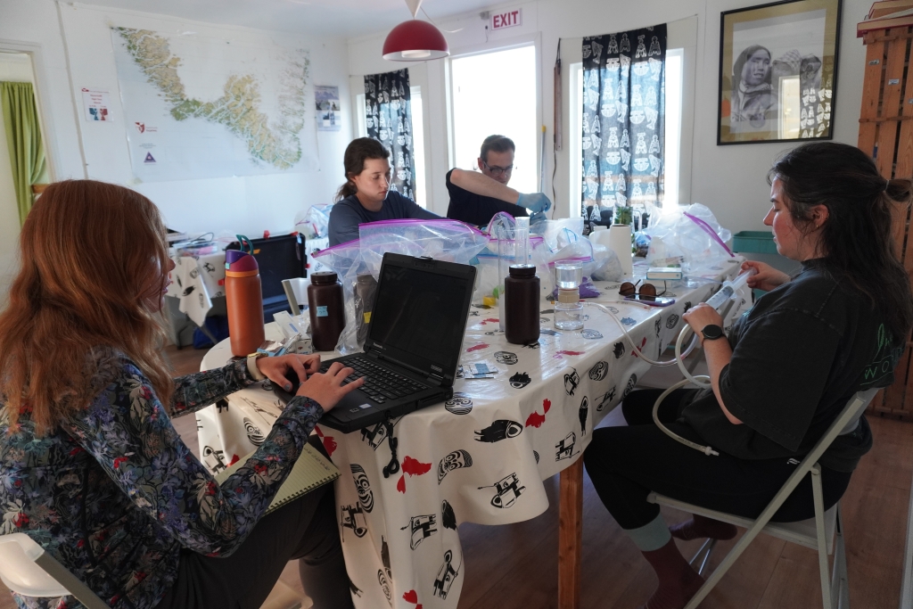 Research team members Elizabeth Wasylyk, Margaret O'Brien, Thomas Grindle and Avery Lamb setting up impromptu water filtering areas in the dining room of the Leif Eriksson hostel