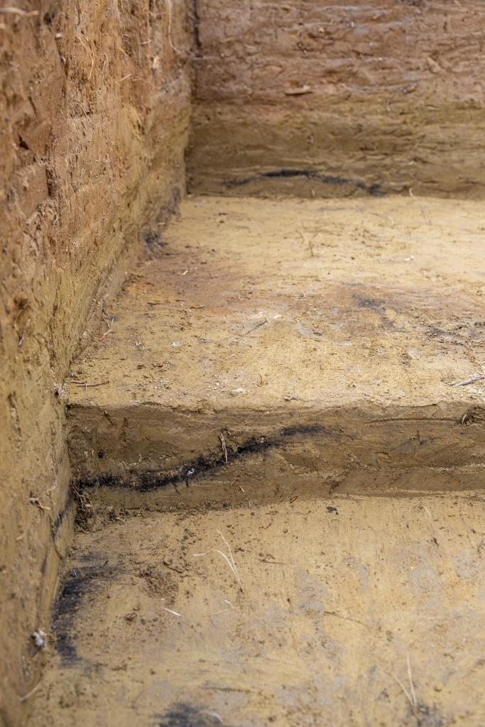 Dirt that has been excavated in a step-like pattern shows layers of soil with some black lines of burn marks.