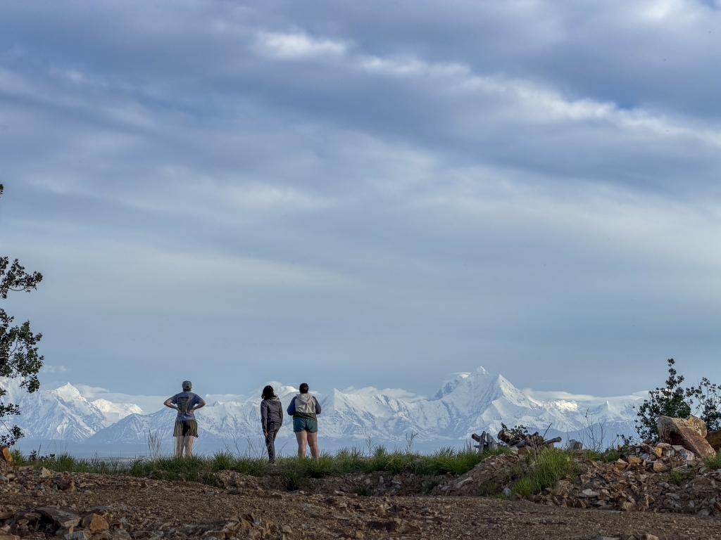 Silhouette of three people looking at a mountain range in the distance.