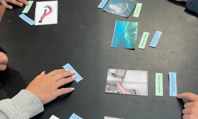 Close up of hands arranging equipment names, photos and descriptions in matching activity