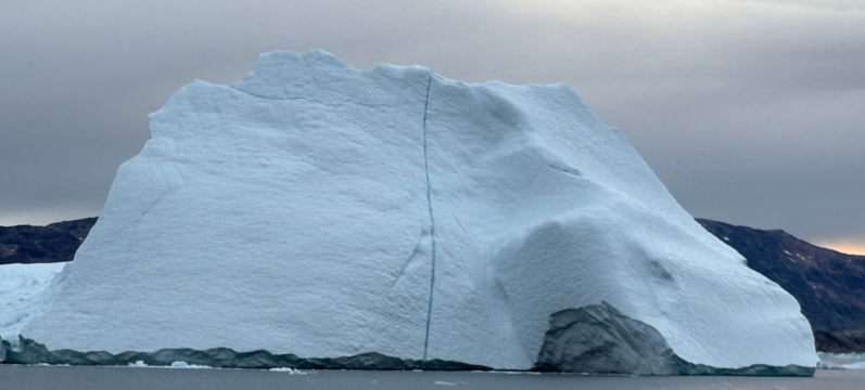 Large iceberg floating in calm water with mountainous land in the background under a cloudy sky