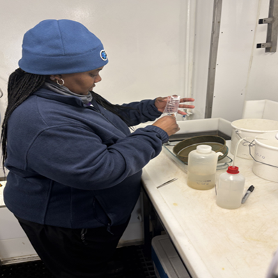 The author working with samples at a lab station