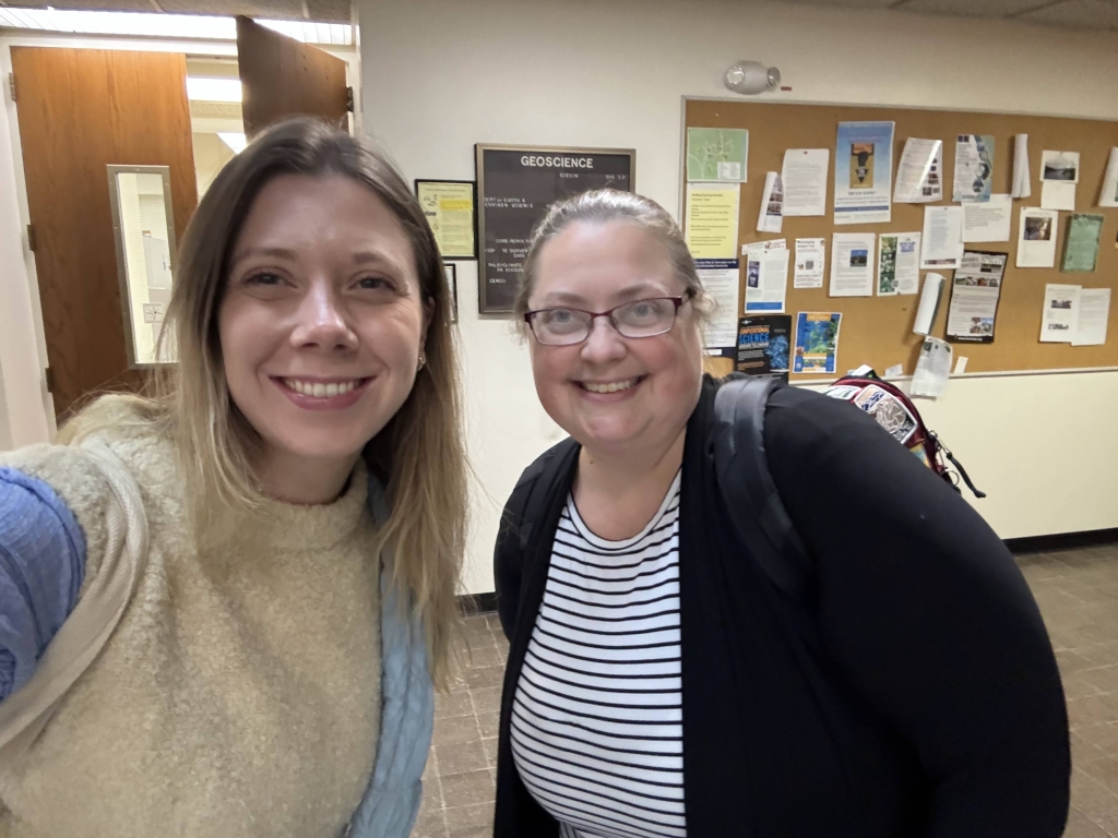 Joanna Davies and Stephanie Erickson in the Geosciences building at the Lamont-Doherty Earth Observatory
