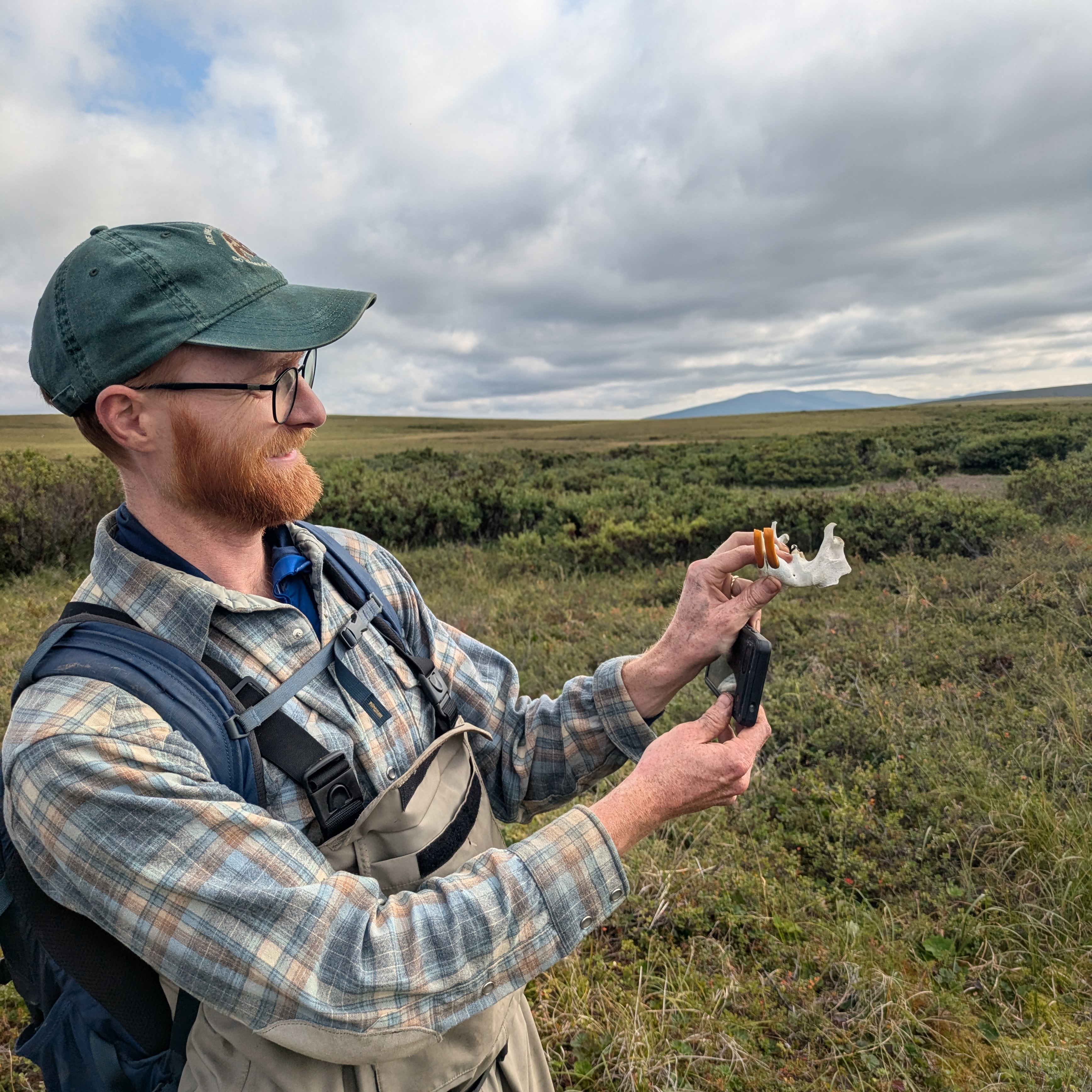 Picture of a man in the tundra, holding up a beaver jaw