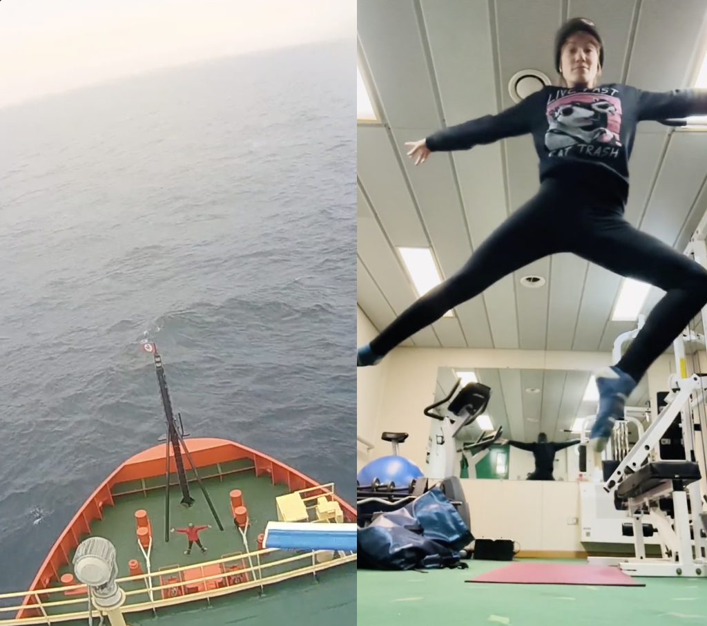 Left a view from above of a person standing on a boat, right Madeline jumping in the air on the ship