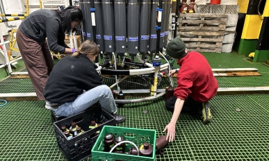 Three people collecting water out of a large collection of tanks into smaller containers via rubber hoses